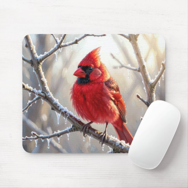 Mousepad Cardinal Posado no Ramo de Inverno com Pingentes d (Com mouse)