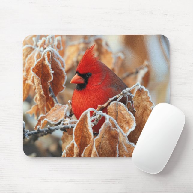Mousepad Cardinal Vermelho em Folhas de Outono Congeladas (Com mouse)