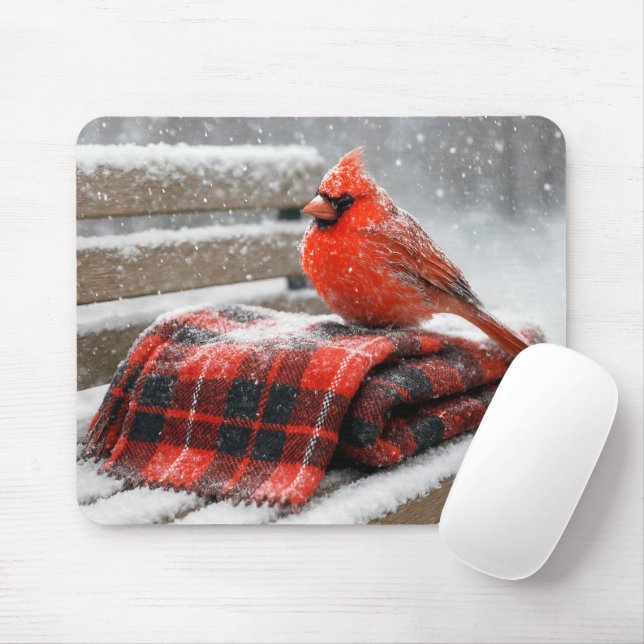 Mousepad Cardinal Vermelho em um Cobertor Xadrez Nevado (Com mouse)