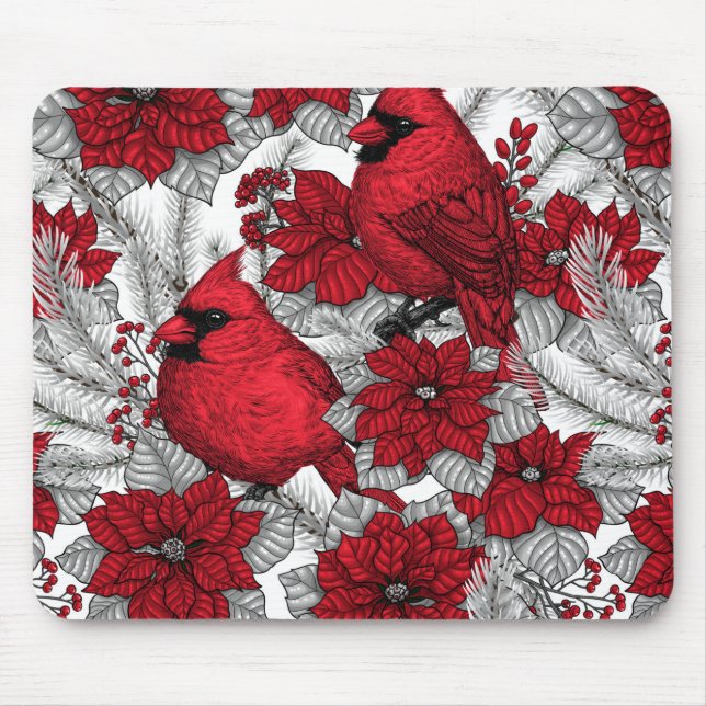 Mousepad Cardinhas e poinsetos em vermelho e branco (Frente)