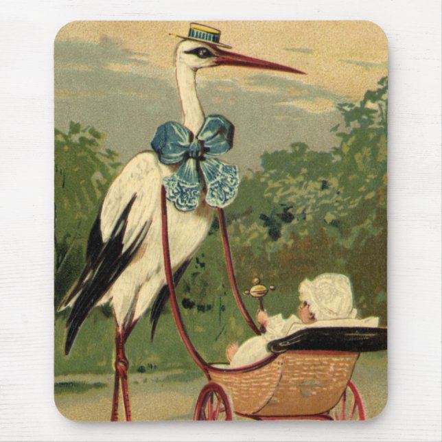 Mousepad Carrinho de Bebê e Cegonha Vitoriano Antigo (Frente)