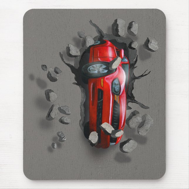 Mousepad Carro desportivo vermelho batendo em uma parede (Frente)