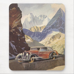Mousepad Carro vintage na Mountain Road no inverno com neve