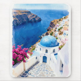 Mousepad Cartaz de Aquarela do Domo Azul de Santorini
