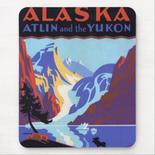 Mousepad Cartaz de Viagem Vintage do Alasca, Atlin e o Yuko