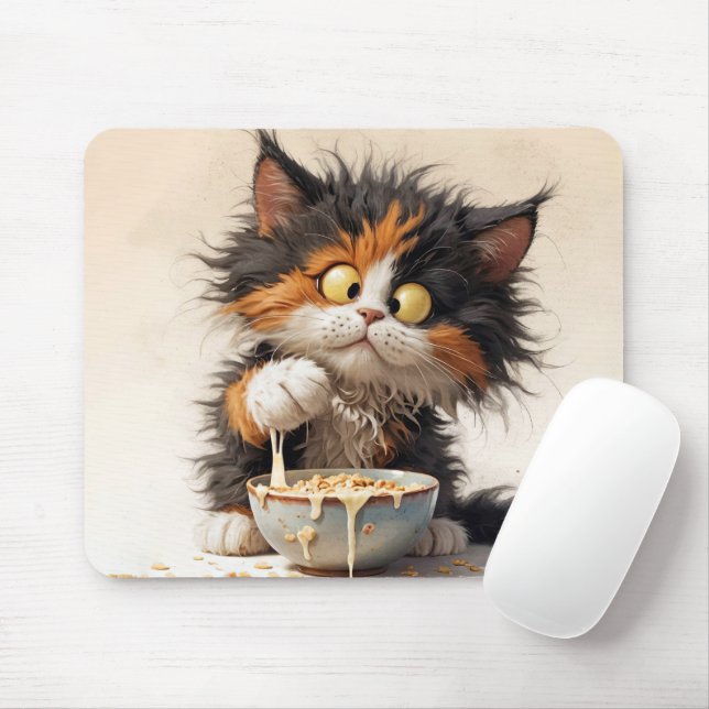 Mousepad Cartoon Calico Cat Brincando Com O Café Da Manhã (Com mouse)