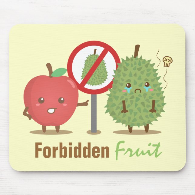 Mousepad Cartum Engraçado, Fruta Proibida, Maçã e Durian (Frente)