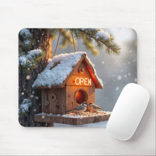 Mousepad Casa de Aniversário de Inverno com Sinal Aberto de