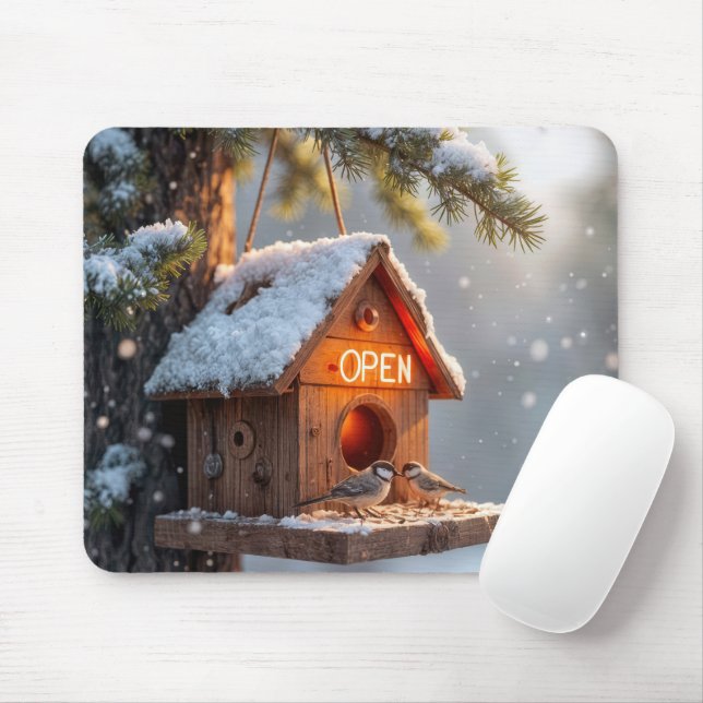 Mousepad Casa de Aniversário de Inverno com Sinal Aberto de (Com mouse)