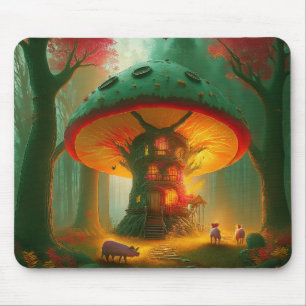 Mousepad Casa de Árvore de Cogumelo de Fantasia Com Porcos