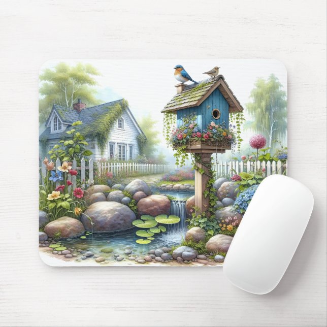 Mousepad Casa de Campo Pássaro Jardim Aquarela (Com mouse)