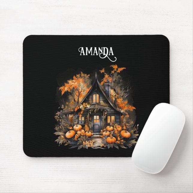 Mousepad Casa de Halloween com Pumpkins e Folhagem (Com mouse)