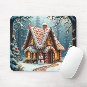 Mousepad Casa de Natal de Pão de Mel com um Boneco de Neve