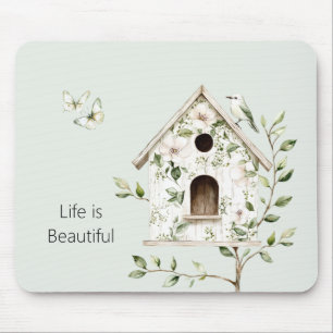 Mousepad Casa de Pássaros Verde Branco Folhas Flores Borbol