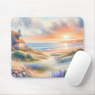Mousepad Casa de Praia ao Pôr do Sol Dunas Aquarela