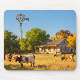 Mousepad Casa de Rancho no Texas no Outono com Longhorns