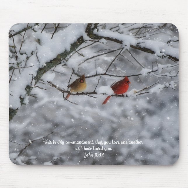 Mousepad Casal de Cardinal em Versículo Bíblico na Neve (Frente)