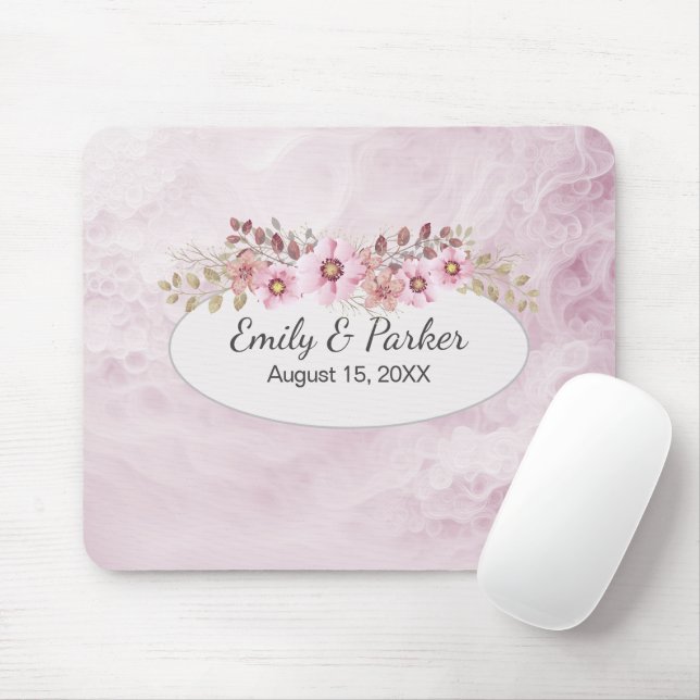 Mousepad Casamento Rosa Abstrato Com Nomes e Data (Com mouse)
