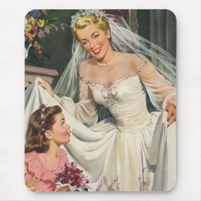 Mousepad Casamento vintage, Noiva retrô com Flor (Frente)