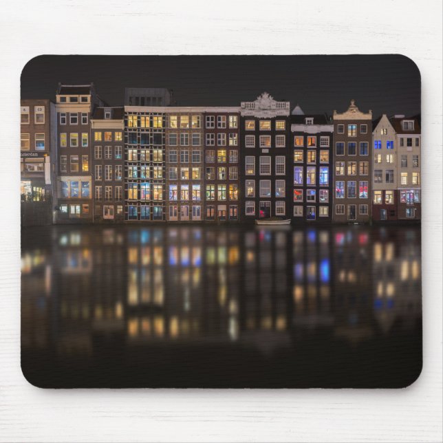 Mousepad Casas de Amsterdão com luzes coloridas na noite (Frente)