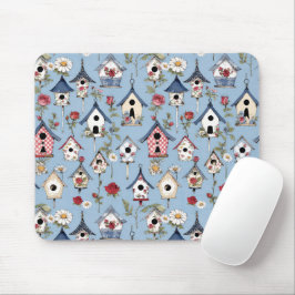 Mousepad Casas de Pássaros em Patchwork Floral e Fundo Azul