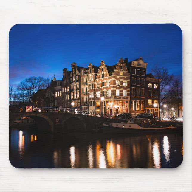 Mousepad Casas do canal de Amsterdão na noite (Frente)