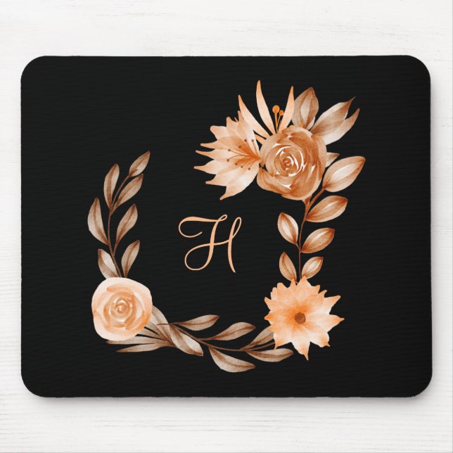 Mousepad Castanho Negro e Floral de Pêssego Monograma (Frente)