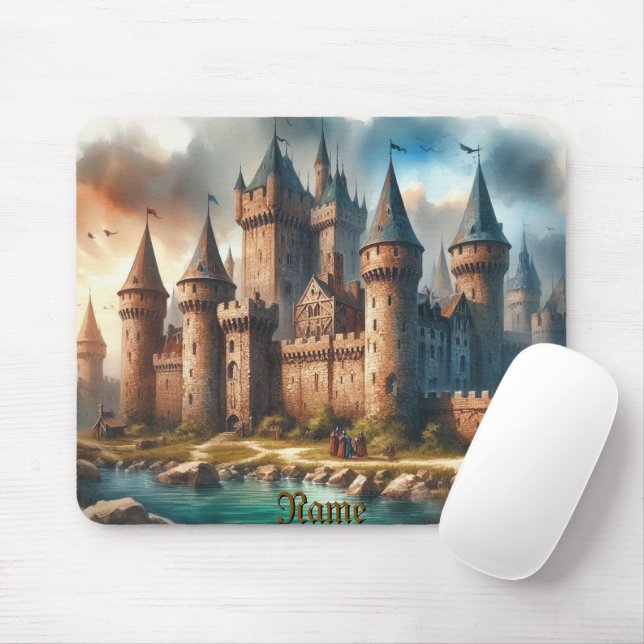 Mousepad Castelo medieval por um rio Tranquilo em Sunset (Com mouse)