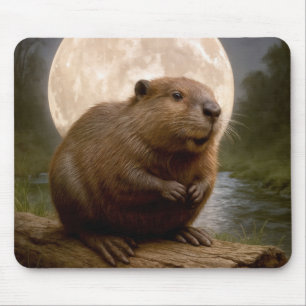 Mousepad Castor Em um Tronco com Lua Cheia