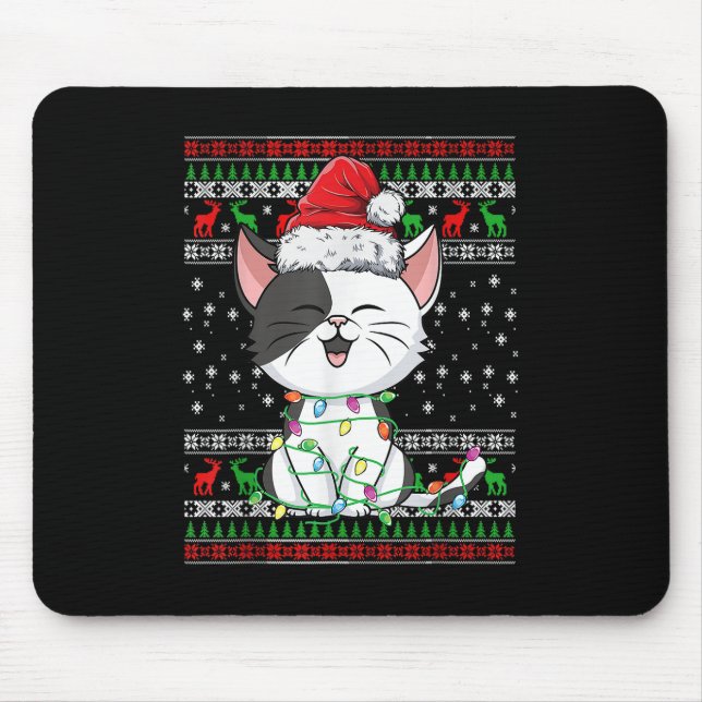 Mousepad Cat Christmas Ugly Xmas Lights Santa Hat Engraçado (Frente)