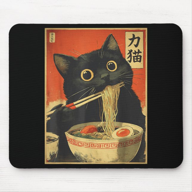Mousepad Cat Eating Ramen Funny Japanese Kawaii Cat Anime L (Frente)