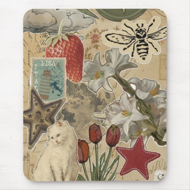Mousepad Cat Floral Collage Pattern – Cute Artistic Design (Frente)