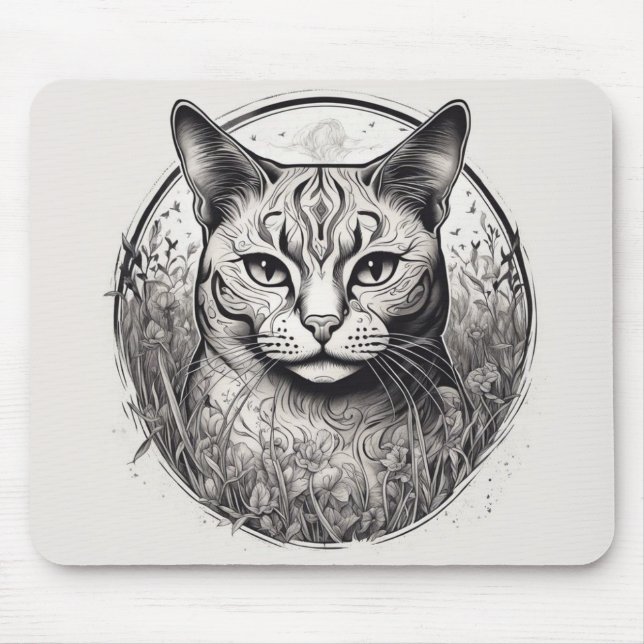 Mousepad Cat Floral Preto Branco Fechar Flores Detalhadas (Frente)