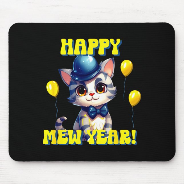 Mousepad Cat Happy New Year Mew Year Funny New Years Party  (Frente)