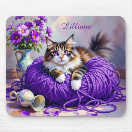 Mousepad Cat  in Purple Yarn and Flowers Personalized