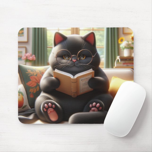 Mousepad Cat is reading a book on sofa (Com mouse)