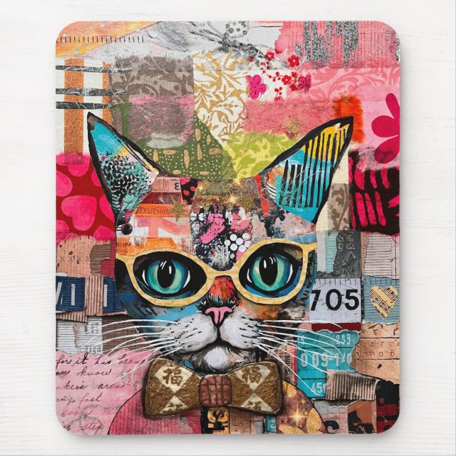 Mousepad Cat Mixed Mixed Paper Collage  (Frente)