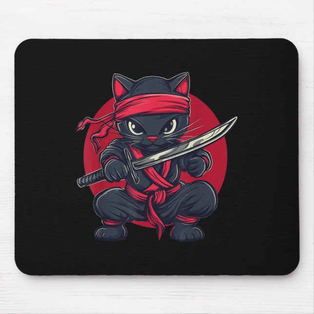 Mousepad Cat Ninja Samurai Japão Bandeira japonesa Kawaii E (Frente)