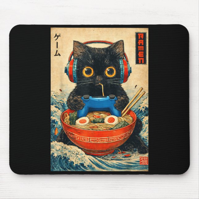 Mousepad Cat Ramen Japanese Funny Graphic Tees Kawaii Cat A (Frente)
