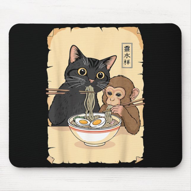 Mousepad Cat Ramen Monkey Shirt Funny Cat Monkey Eating Ram (Frente)