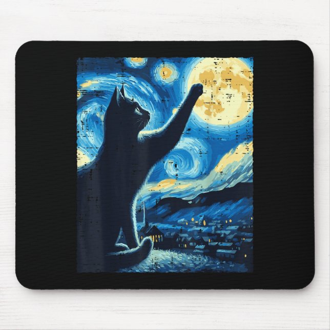 Mousepad Cat Reaching Moon Starry Night Funny Kitten Men Wo (Frente)