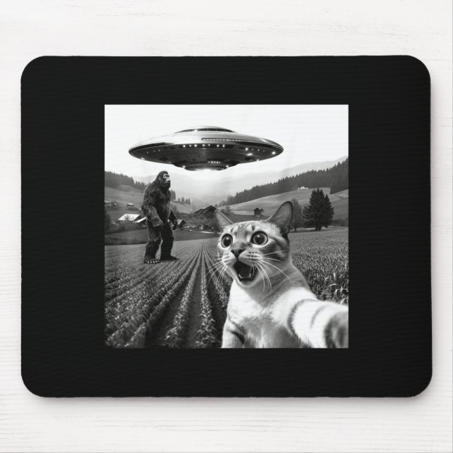 Mousepad Cat Selfie With Alien Ufo Funny Cat Alien Bigfoot  (Frente)