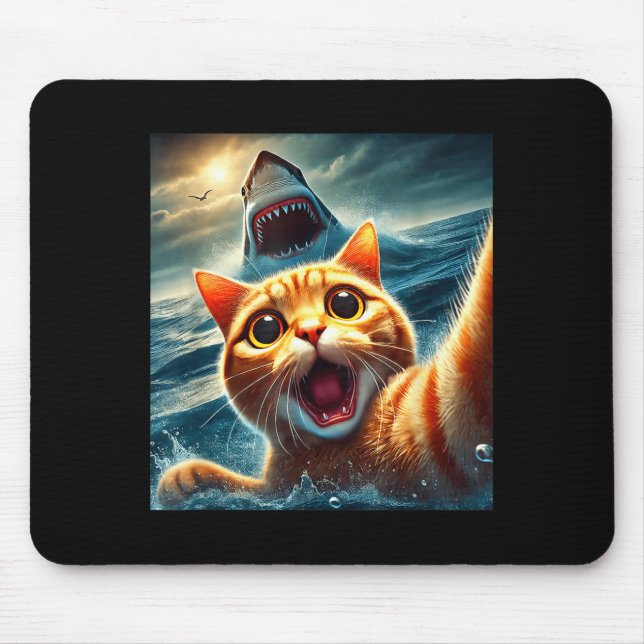 Mousepad Cat Selfie With Shark Funny  (Frente)