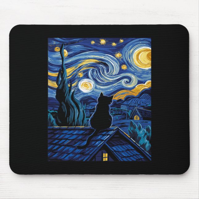 Mousepad Cat Starry Night Van Gogh Cat Art Lover Engraçado  (Frente)