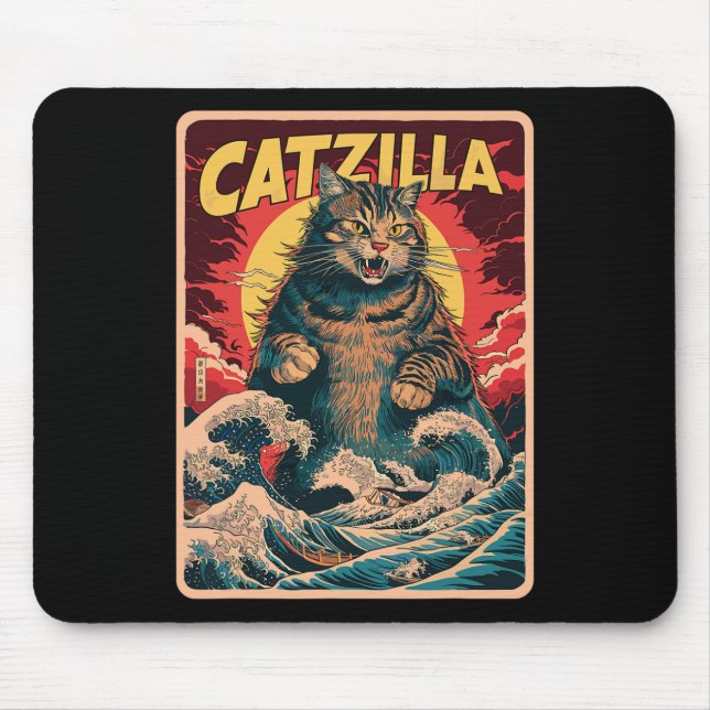 Mousepad Catzilla Japonês Art Funny Cat Vintage Graphic (Frente)