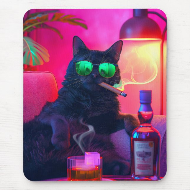 Mousepad Cavalheiro Bebendo Gato Whiskey | Bar engraçado (Frente)