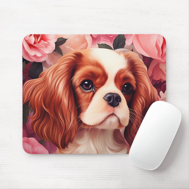 Mousepad Cavalier King Charles Spaniel em Rosas (Com mouse)