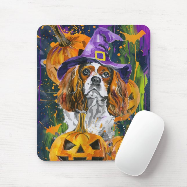 Mousepad Cavalier King Dog Halloween Witée E Pumpkin (Com mouse)