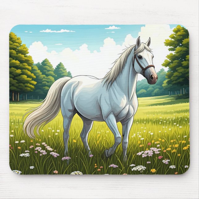 Mousepad Cavalo branco em pé em um campo de grama (Frente)