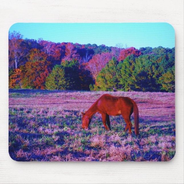 Mousepad Cavalo castanho na grama roxa (Frente)